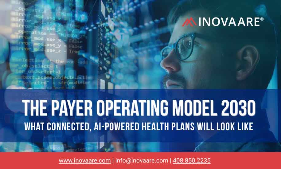 Illustration of connected, AI-powered payer operating model integrating data and workflows for health plans.